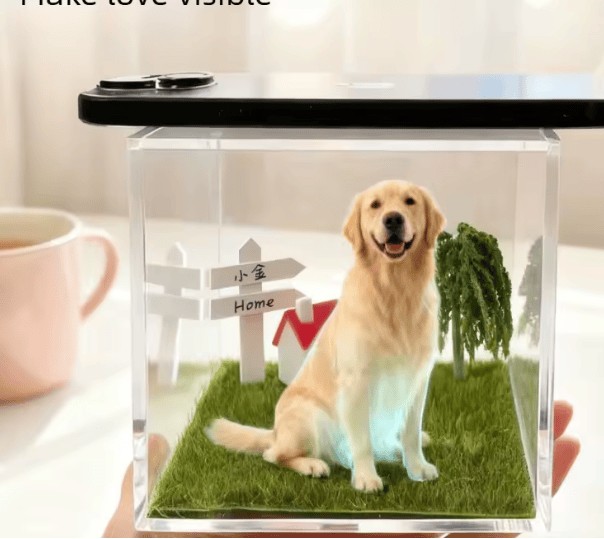 Golden retriever softly glowing inside the LumePod on a moss garden