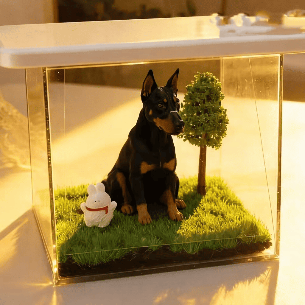 LumePod glowing hologram of a dog inside the clear acrylic cube