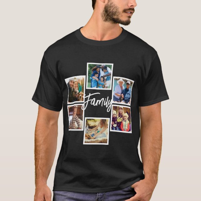 Black t-shirt with a family photo collage printed on the front