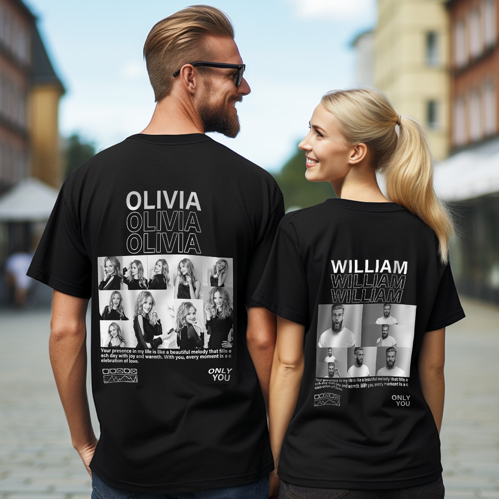 Back of a black t-shirt with a black-and-white photo collage of a couple