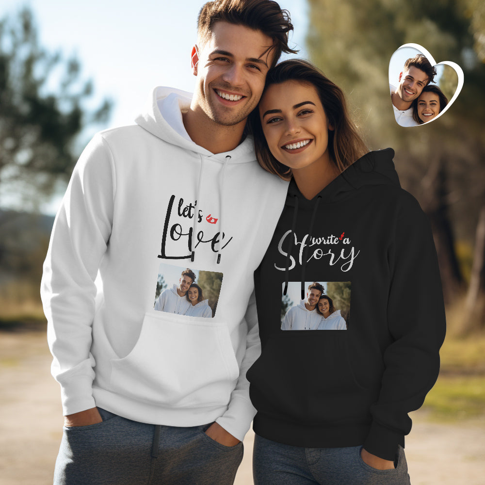 Black and white couple hoodies with a printed couple photo on each chest