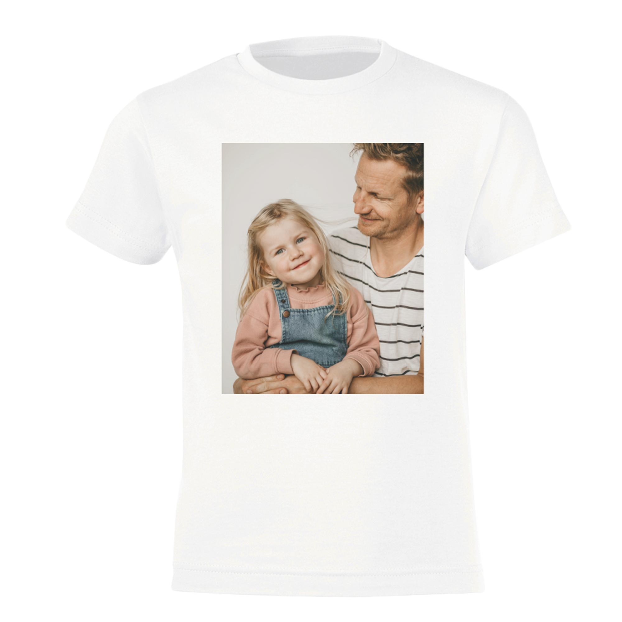 White t-shirt with a full-colour photo of a father holding his little daughter printed on the chest